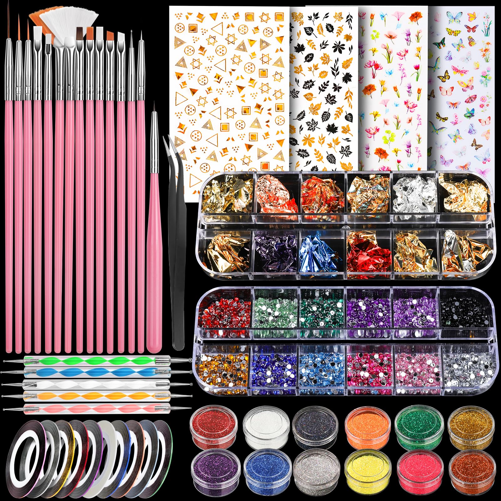 Teenitor Nail Art Kit with Nail Glitter, Nail Art Brushes & Nail Sticker for Gel Nails Art, Nail Gems Nail Accessories Tool for Teenage Girls, Nail Art Pens Nail Dotting Tool for Beginners