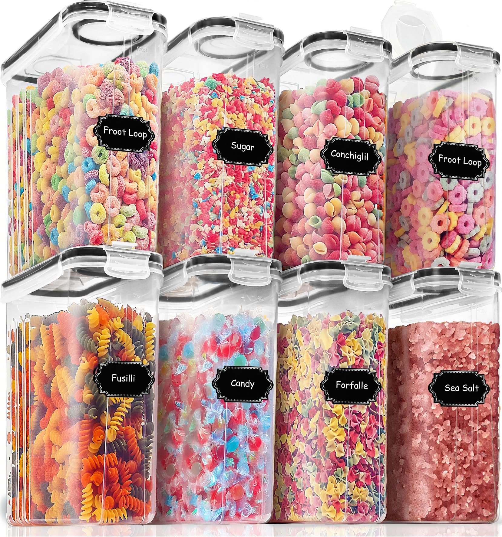 Photo 1 of PRAKI Cereal Containers Storage Set (4L,135.2 Oz), 8PCS Airtight Food Storage Containers with Lids for Kitchen & Pantry Organizers and Storage, Cereal Dispensers with 20 labels, Measuring Cup & Marker