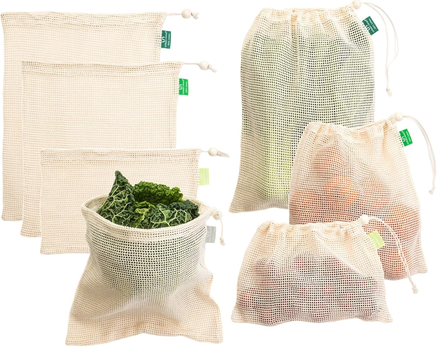 Cotton Produce Bags - Reusable Mesh Produce Bags - 4 Sizes in Set of 7 + 1 Muslin Storage Bag - Strong - Durable - with Drawstring - Tare Weight on Tag - for Grocery Shopping and Storage