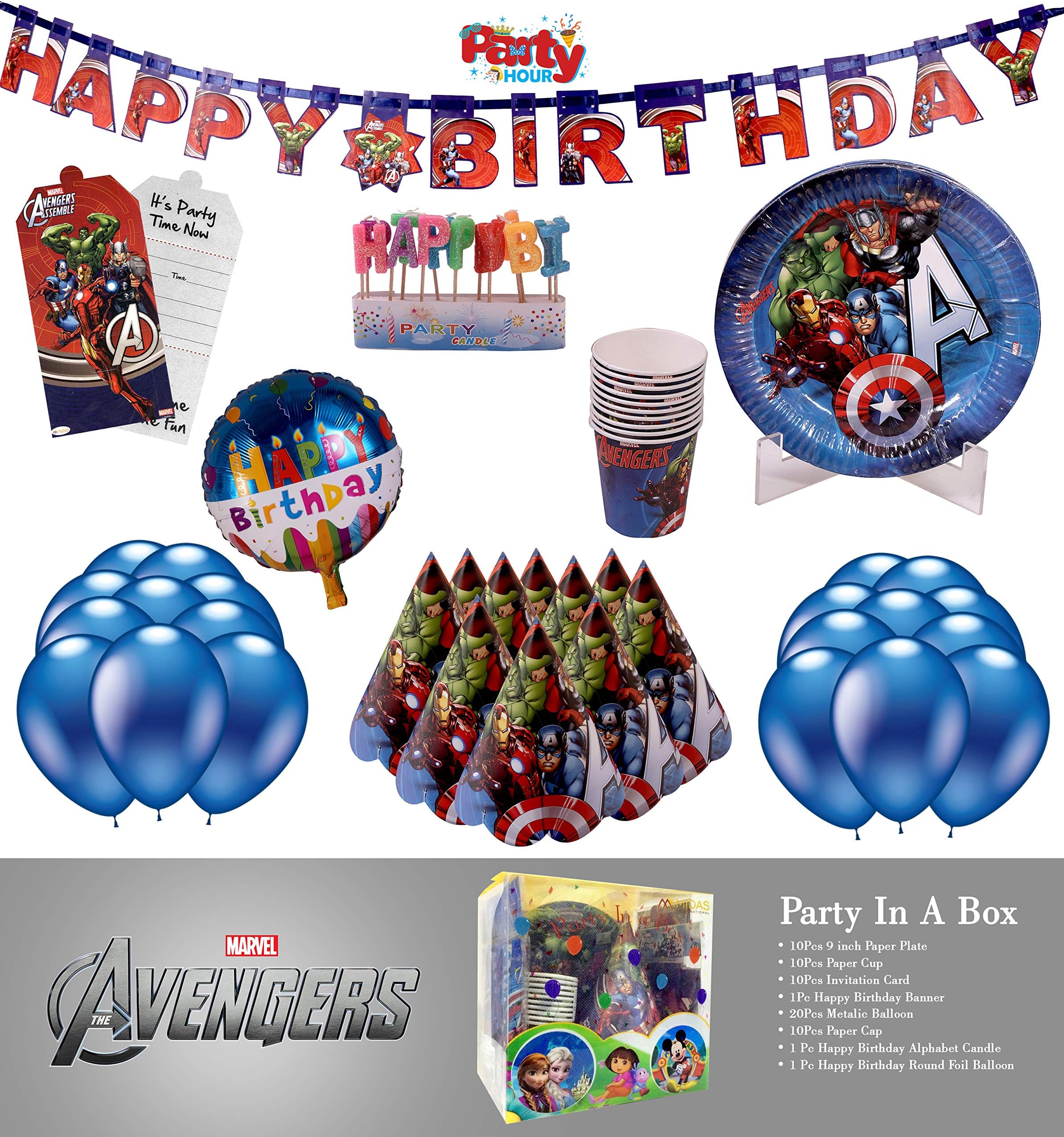 Party Hour Disney Avengers Combo Set of Metallic Happy Birthday Balloon, Banner, Candle, invitation Card, Cap, Plate and Cup For Birthday Party Decoration of kids, Age 4 to 12 Years