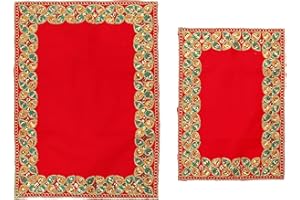 ADITRI CREATION Red Velvet Pooja Mat Aasan Set of 2 Decorative Puja Cloth Item for Multipurpose Puja Indian Traditional Festival Decorations (Large 13"X9") (Small 10"X7")