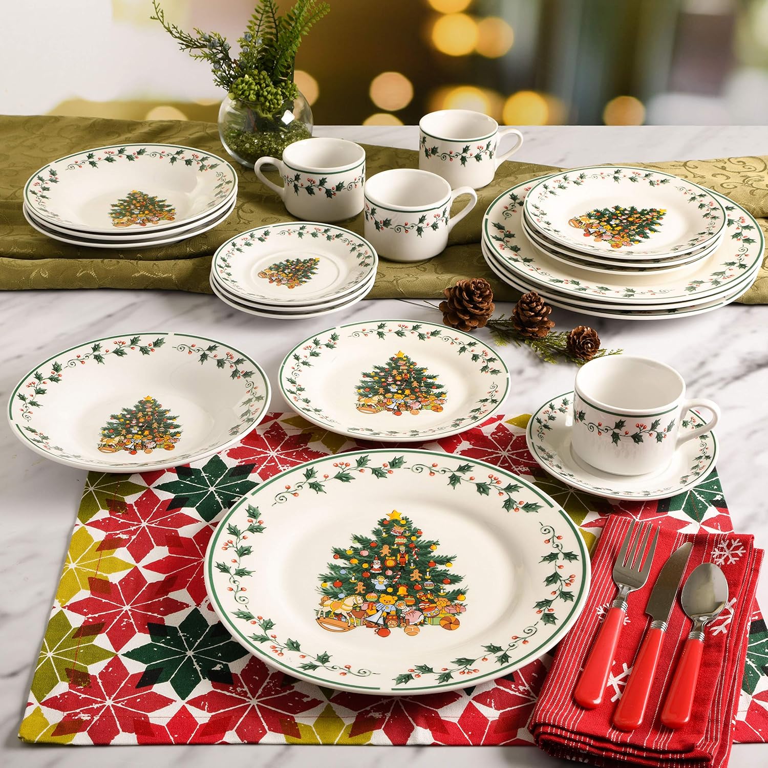 GIBSON HOME 20pc CERAMIC CHRISTMAS HOLIDAY TREE TRIMMING ROUND DINNERWARE SET 85081313522  eBay