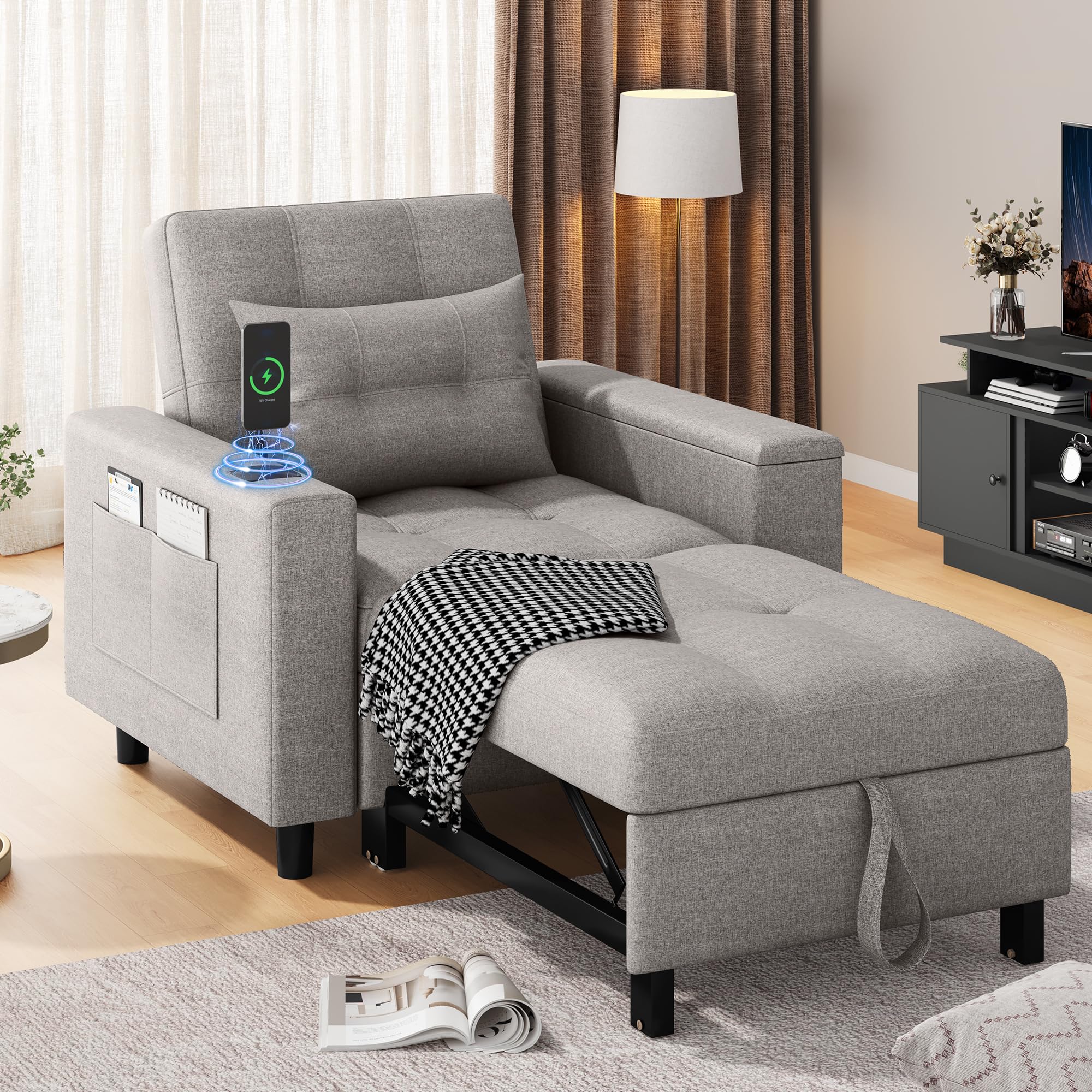 Photo 1 of **INCOMPLETE SET/MISSING HARDWARE** YITAHOME Sleeper Chair Bed for Adults, 3-in-1 Convertible Sofa Chair Bed Pull Out Couch with Wireless USB & Type C Charging Ports Hidden Storage for Living Room Office Bedroom Apartment, Light Grey