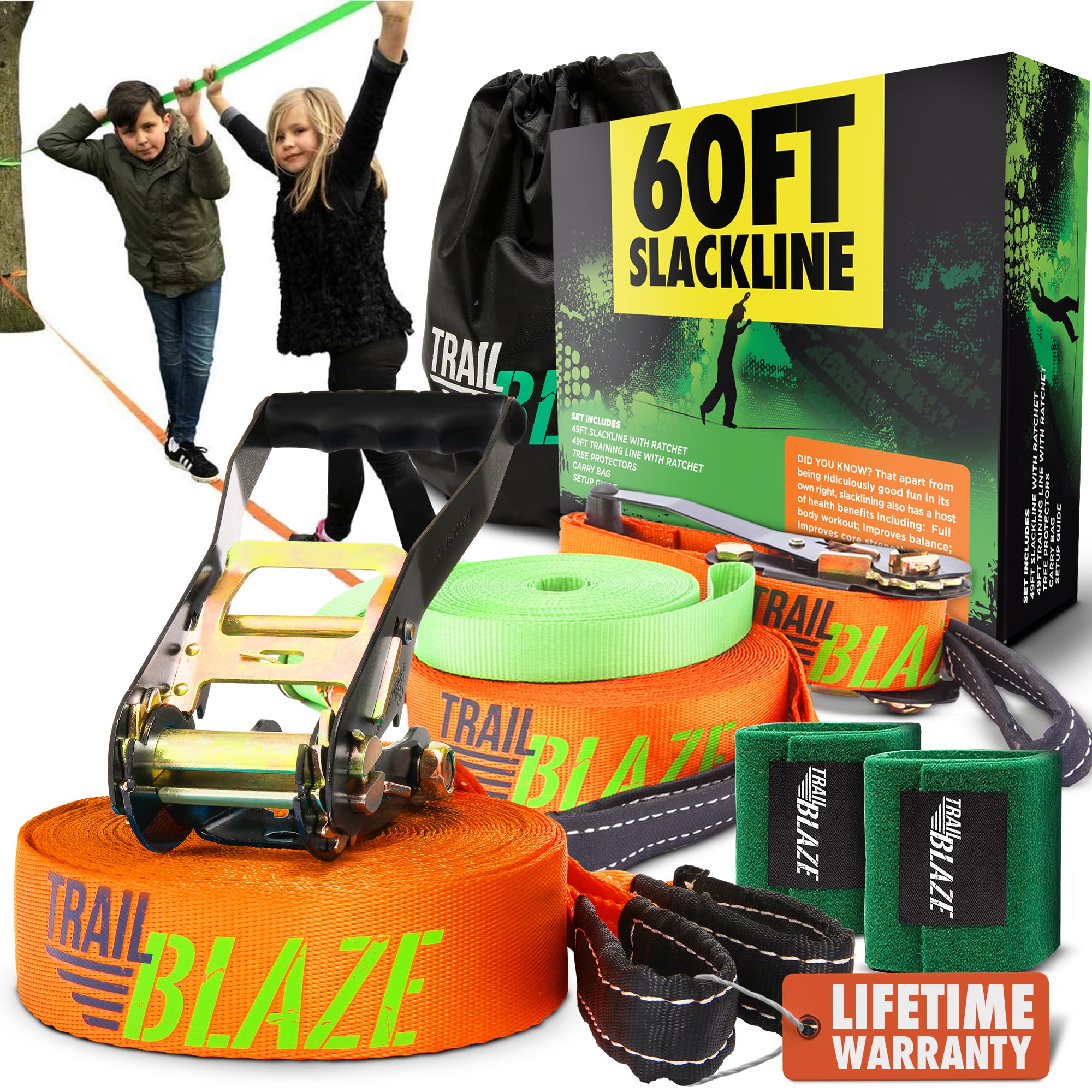 Complete Slackline Kit with Training Line - 18 Metre Slack Line XL Tree Protectors, Kids Adults Tightrope Ninja Warrior Obstacle Course for Kids