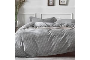 JELLYMONI Cotton Duvet Cover Queen Size - Black Vertical Pinstriped Comforter Cover with Button 100% Washed Cotton 3PCS Breat