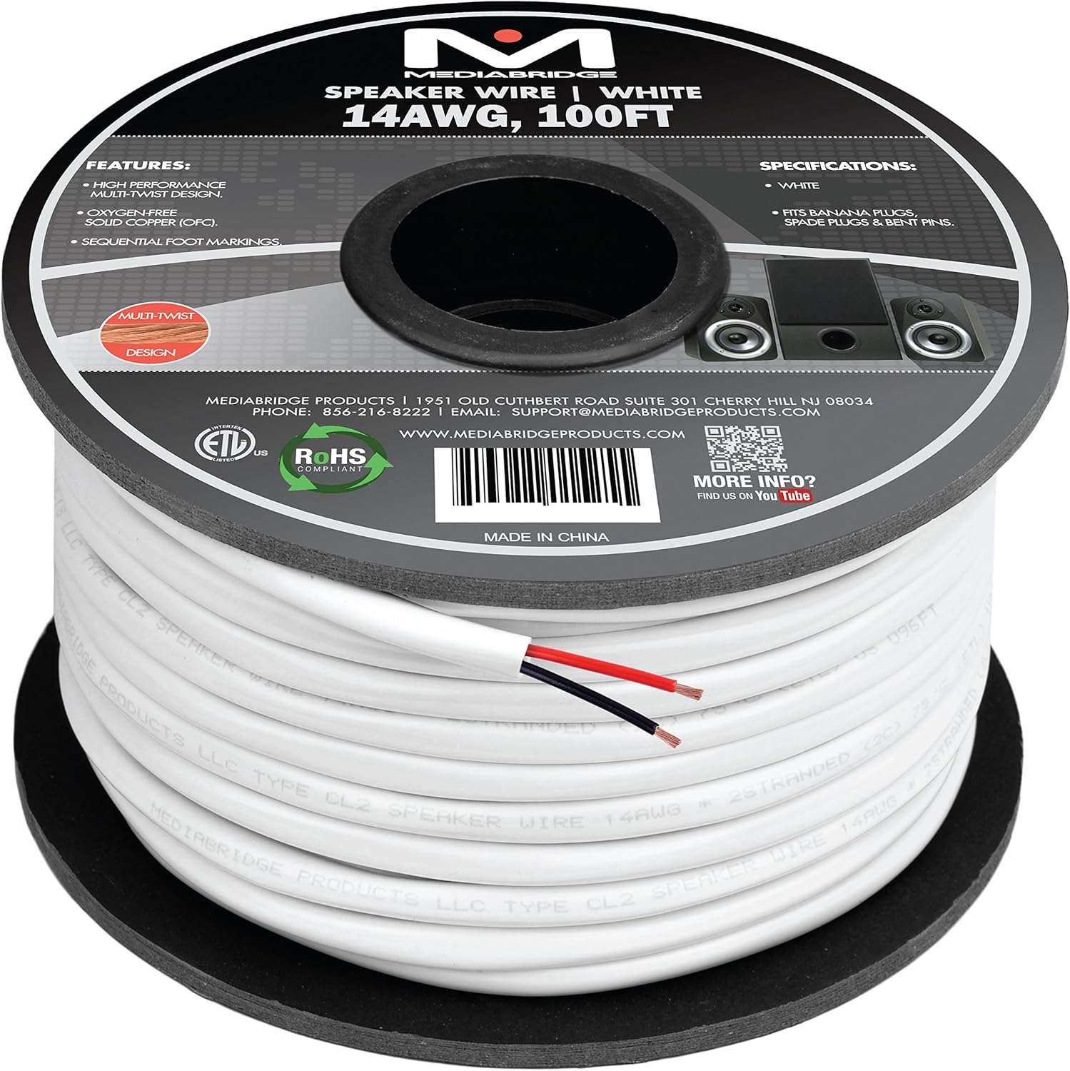 Mediabridge 14AWG 2-Conductor Speaker Wire (100 Feet, White) - 99.9% Oxygen Free Copper – ETL Listed & CL2 Rated for in-Wall Use (Part# SW-14X2-100-WH): Electronics