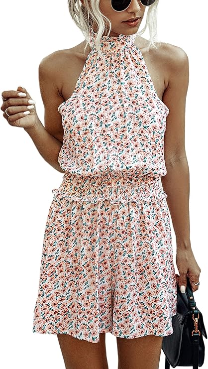 Angashion Women's Rompers - Summer Floral Ruffle Halter Neck Sleeveless Elastic Waist Romper Shorts Jumpsuit