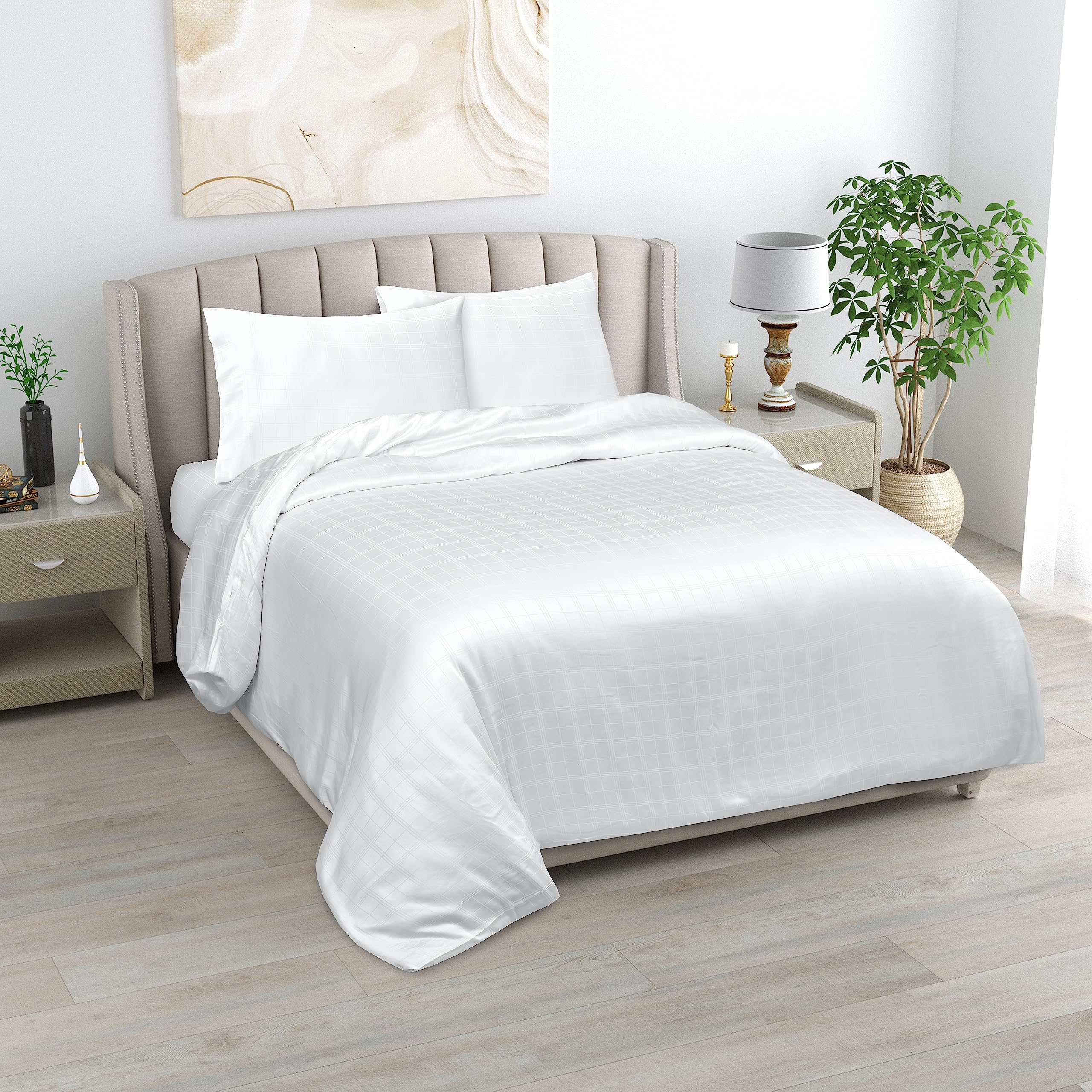 LINENWALAS White Checkered King Size Duvet Cover Set, 100% Tencel Lyocell Eucalyptus Silk Soft Cooling Comforter Cover Set for King Size Bed (King, White Designer Checks)