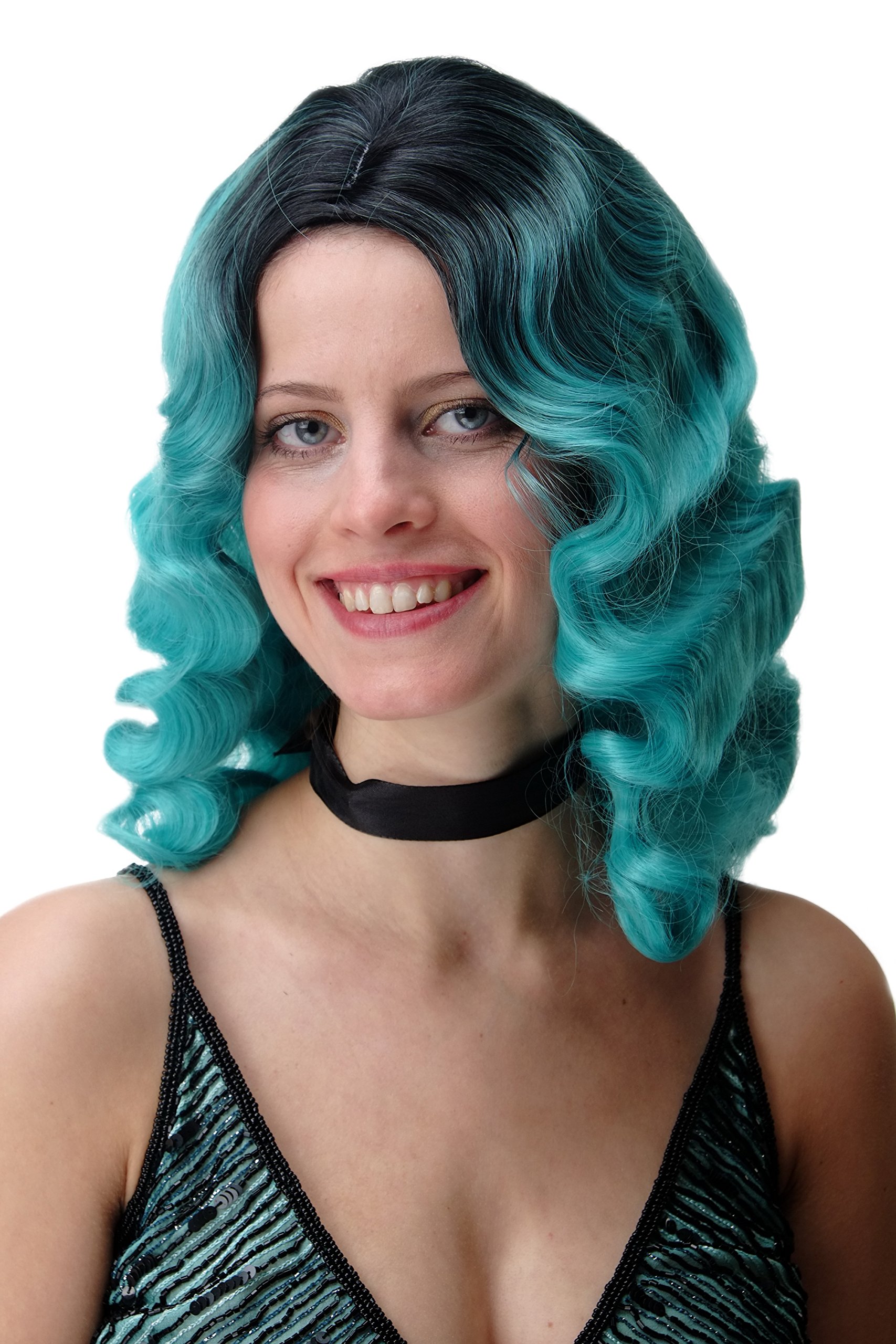 WIG ME UP - GFW1860-T5126+OMBRE Quality Lady Wig Classic Hollywood Diva Femme Fatale water wave wavy long voluminous ombre black turquoise