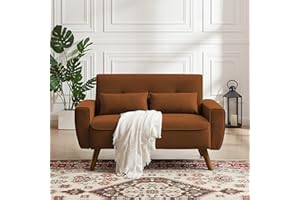 Pingliang Home 48" Small Loveseat Sofa, Mid Century Modern Linen Love Seat Couch, 2 Seat Tufted Couches with Throw Pillows and Wood Legs for Living Room, Apartment, Bedroom and Small Spaces