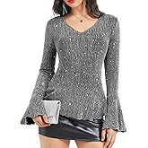Timormode Sparkly Tops for Women Long Sleeve V Neck Ruffle Hem Sequin Shirts Glitter Blouses Evening Party Night