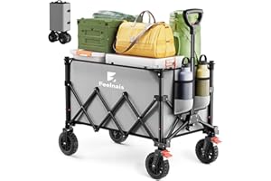 Collapsible Wagon with Wheels, Feelnais Folding Wagon Cart with Adjustable Handle, 135L Portable Utility Wagon for Grocery Garden Shopping Camping Sports Beach (Grey)