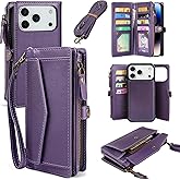 DKDKSIP Compatible with iPhone 17 Pro 6.3" Wallet Case with RFID Blocking Card Holder for Women, PU Leather Flip Zipper Wallet Detachable Magnetic Phone Case Crossbody Strap, Purple