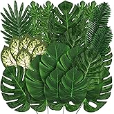 PietyPet Jungle Party Decorations, 78 Pieces 8 Kinds Artificial Palm Leaves Green Tropical Leaves with Stems Jungle Leaves Decorations Palm for Hawaiian Luau Party Jungle Beach Table