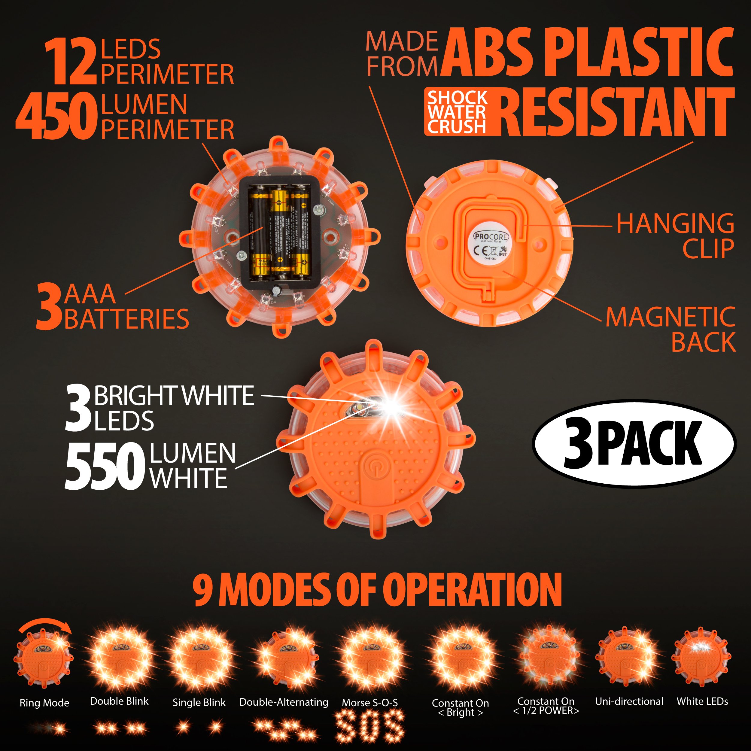 Flashing LED Emergency Road Flares: 4” Magnetic Roadside Flare Beacon Discs for Car, Truck or Boat - Warning Lights for Safety During Vehicle Emergencies - Use on All Vehicles - 3 Pack with Carry Ba