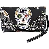 Sugar Skull Day of the Dead Cross Bone Studs Punk Gothic Art Rivet Studded Women Wristlet Trifold Wallet (#3 Black)