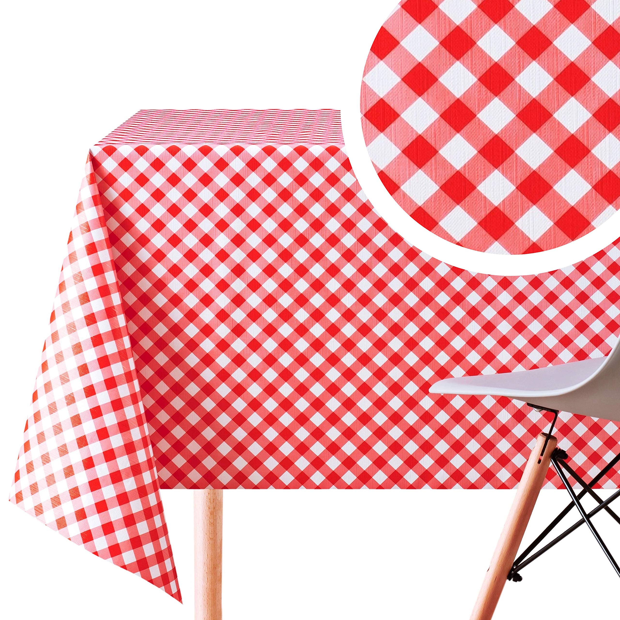 KP HOME Wipe Clean Tablecloth Rectangular 118x55 In (300x140cm) - PVC Wipeable Plastic Table Cloth for Outdoor - Waterproof Rectangle Kitchen Oilcloth 10 Seat Table Cover in Red Gingham Check Pattern