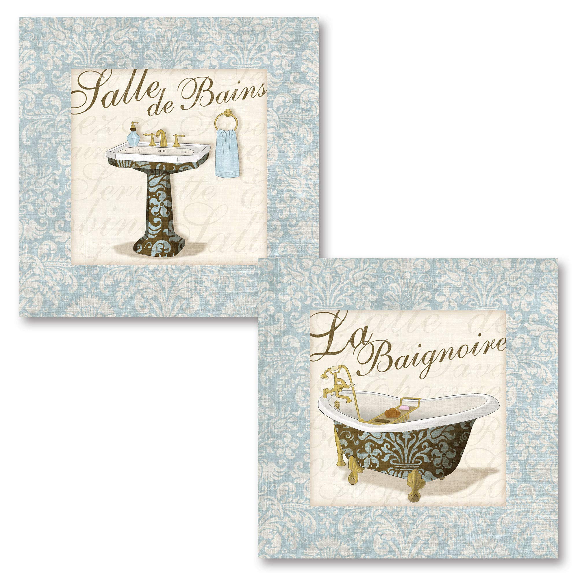 Light Blue French Salle De Bains and La Baignore Sign; Bathroom Decor; Two 12X12 Poster Prints