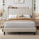 Yaheetech Full Size Bed Frame with USB Charging Station and Storage Shelf/Upholstered Headboard Platform Bed with Wing Side/W