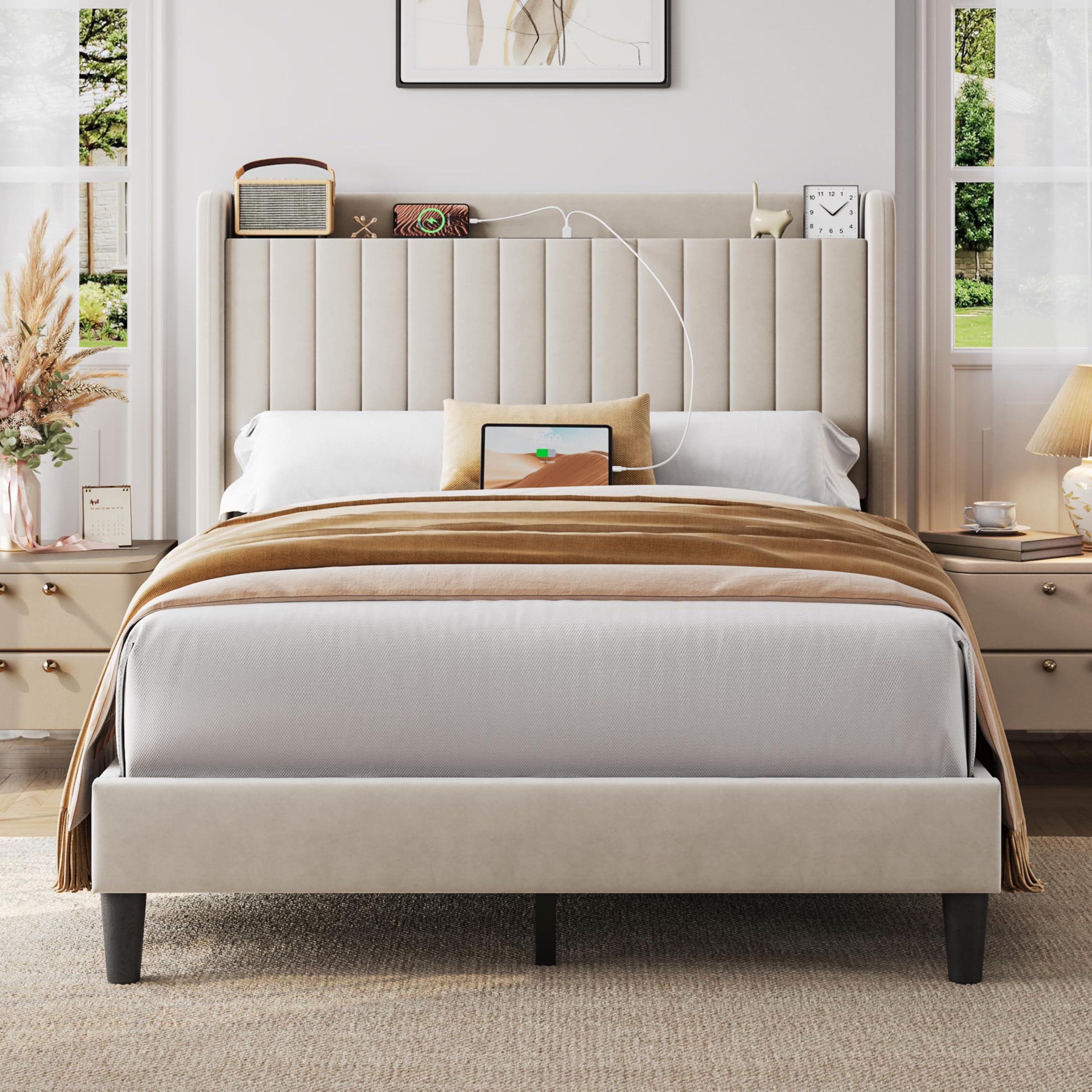 Photo 1 of ** Missing Parts ** Yaheetech Full Size Bed Frame with USB Charging Station and Storage Shelf/Upholstered Headboard Platform Bed with Wing Side/Wooden Slats Support/Noise Free/No Box Spring Needed/Easy Assembly, Beige