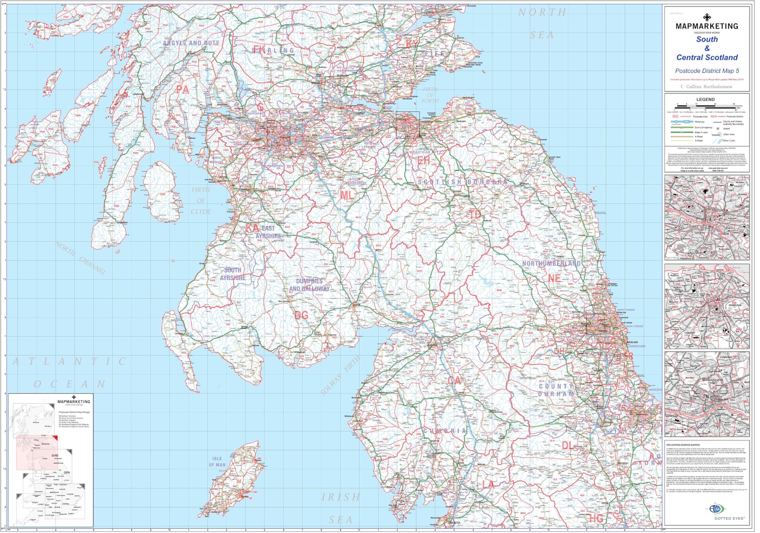 Large South And Central Scotland Postcode Wall Map - Covering Glasgow, Edinburgh And Newcastle - City Plan Inlays, County Boundaries, Motorways, Primary 'A'+'B' Roads, Towns, Cities