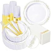 Fijinhom 350 PCS White and Gold Disposable Plates, Elegant Dinnerware Set for 50 Guests, 100 Plastic Plates, 150 Silverware, 50 Cups & 50 Paper Napkins, White and Gold