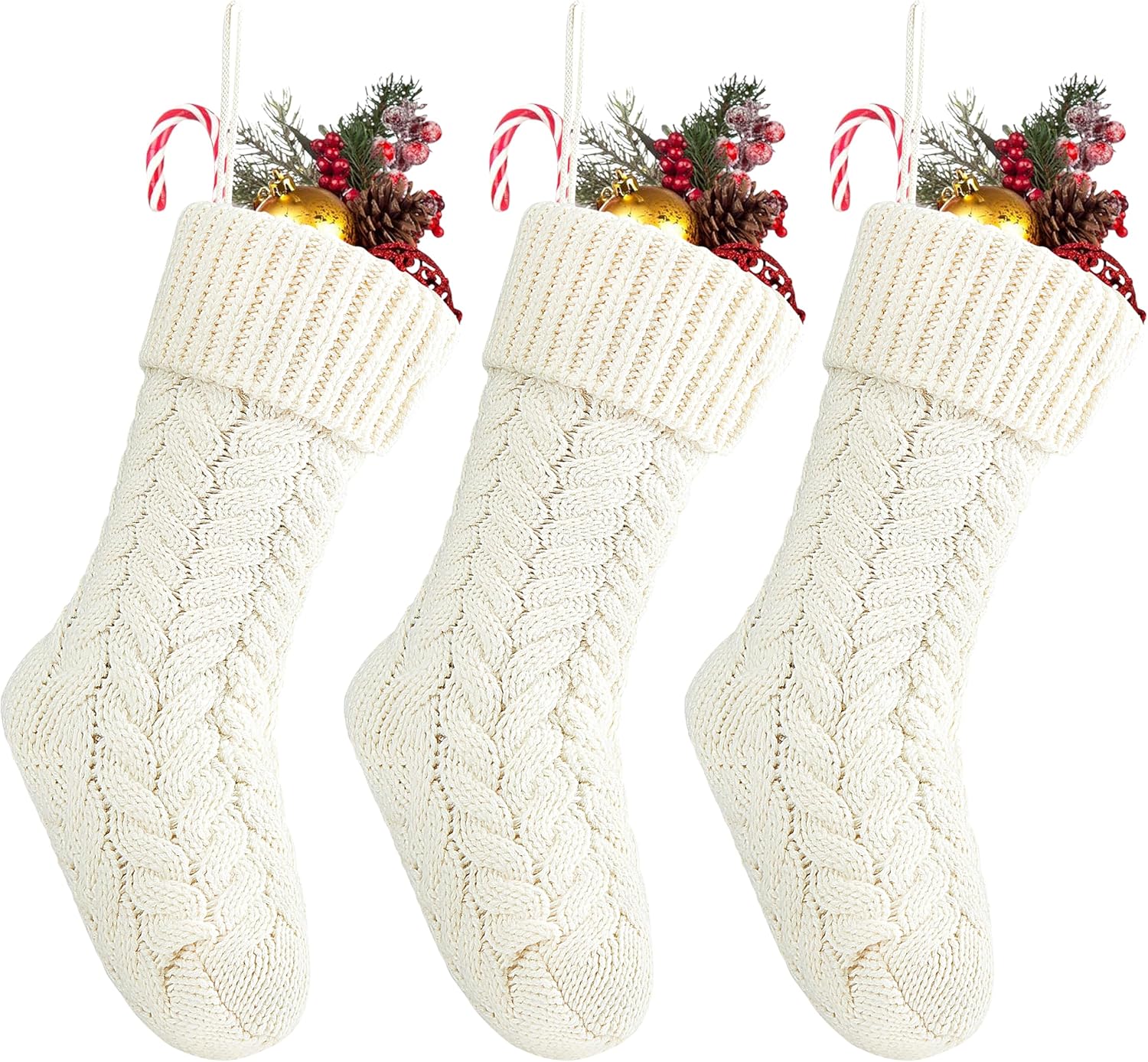 Stockings & Holders - Fesciory 18 Inches Christmas Stockings Bulk, 3 Pack Large Size Cable Knitted Fireplace Hanging Stockings for Family Holiday Xmas Party Decorations, Ivory White