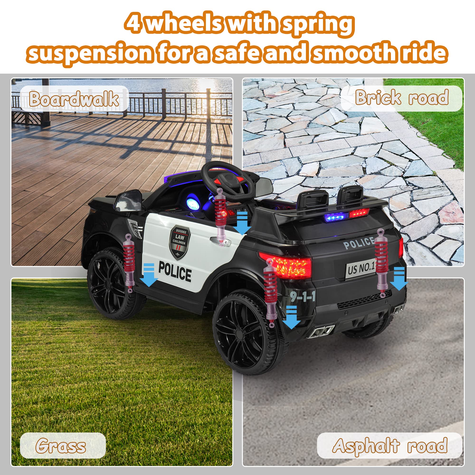 TOBBI Police Car Ride on Electric Car for Kids to Drive Battery Powered Ride-on Toys Cop Cars with Remote Control, Siren, Flashing Lights, Music, Spring Suspension, Carbon Black
