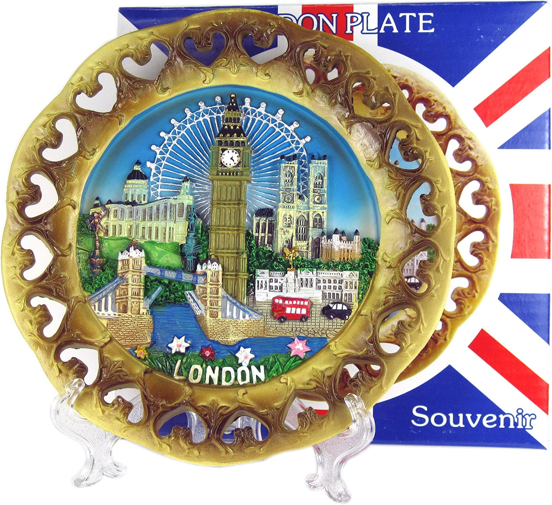 Wood Style Decorative Plate Detailing London Skyline: Big Ben, Tower Bridge and London Eye etc (Medium Cutout)