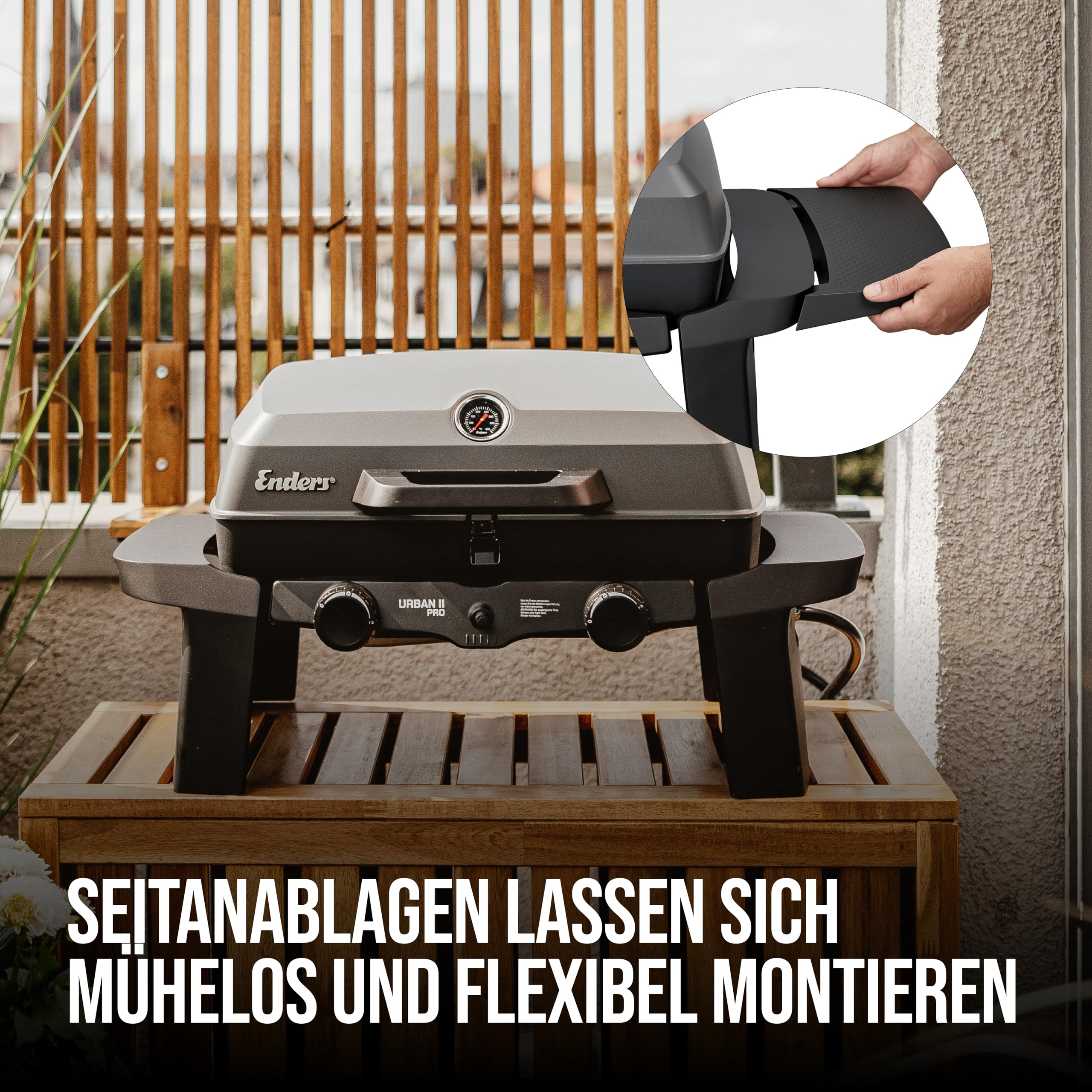 Enders® Gasgrill Urban II Pro, Tischgrill, Grillen-, Kochen- und Backen Funktion, 2 Brenner Edelstahl, mit Grill-Thermometer, Balkon-, Camping-Grill, Aluguss-Gehäuse, Gusseisen-Rost, #2062 6