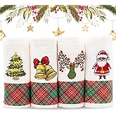 Lavien Home Christmas Kitchen Towels Embroidered, Cotton Dishcloths Decoration for Xmas with Plaid (Set of 4), Waffle Weave Cute Tree, Santa, Bell, Deer, 16 x 23 inches