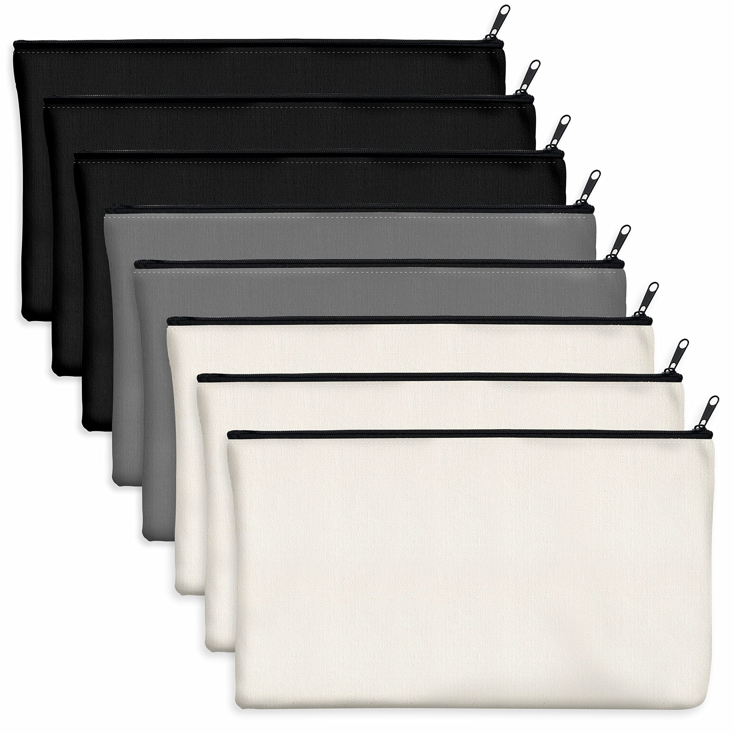 8 Pack Canvas Pencil Pouch, DIY Craft Zipper Bags Blank Makeup Bags Multifunctional Pouches Pencil Case for Cosmetic Toiletry Stationary (Black, Beige & Gray, 8.3” x 4.7”)