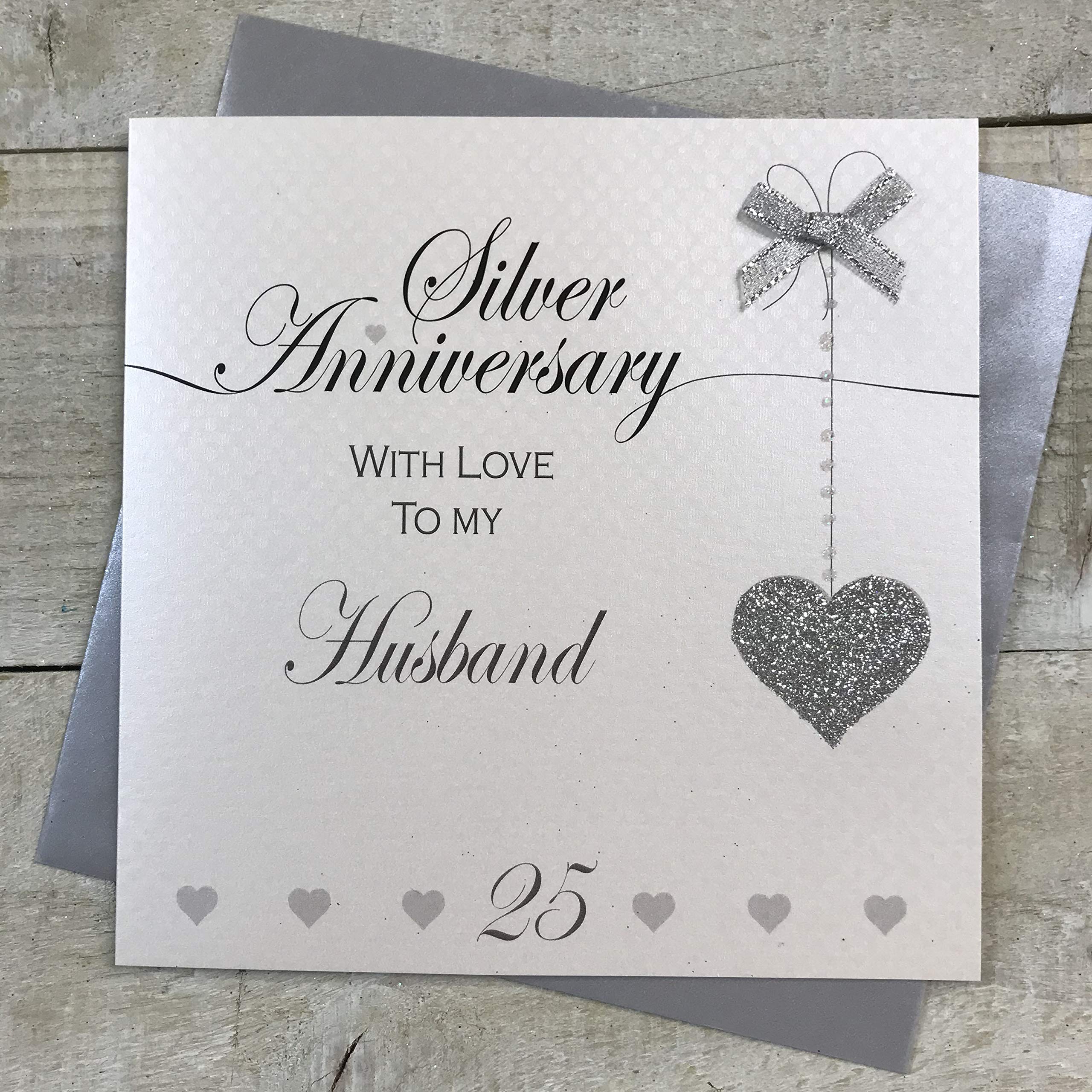 WHITE COTTON CARDS LLA25H Husband 25th Silver Wedding Anniversary Handmade Card - Love Lines, white|grey|black, 16cm x 16cm