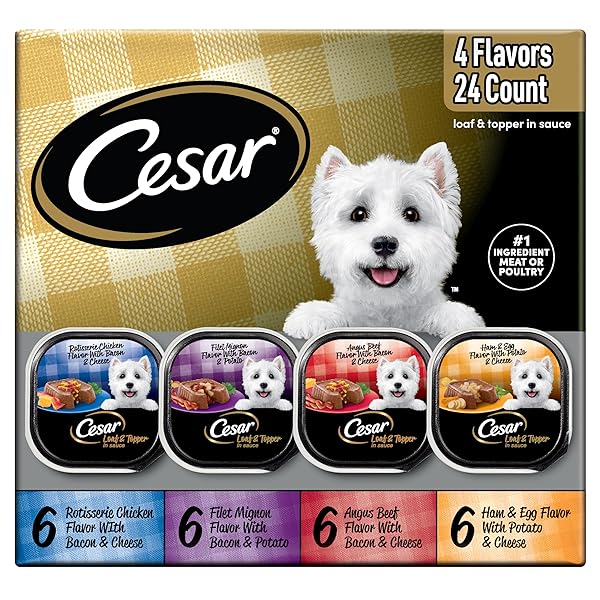 CESAR LOAF IN SAUCE WET DOG FOOD ROTISSERIE CHICKEN, FILET MIGNON, ANGUS BEEF, AND HAM & EGG FLAVORS VARIETY PACK, WET FOOD FOR DOGS, 3.5 OZ EASY PEEL TRAYS, 24 COUNT