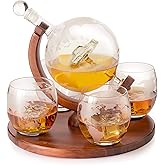 Etched World Decanter Car Whiskey Globe With 4 World Map Glasses - The Wine Savant Whiskey Gift Set Globe Decanter with Antique Car, Whiskey Great Gift Alcohol Related Gift 750ml Decanter 8 Oz glasses
