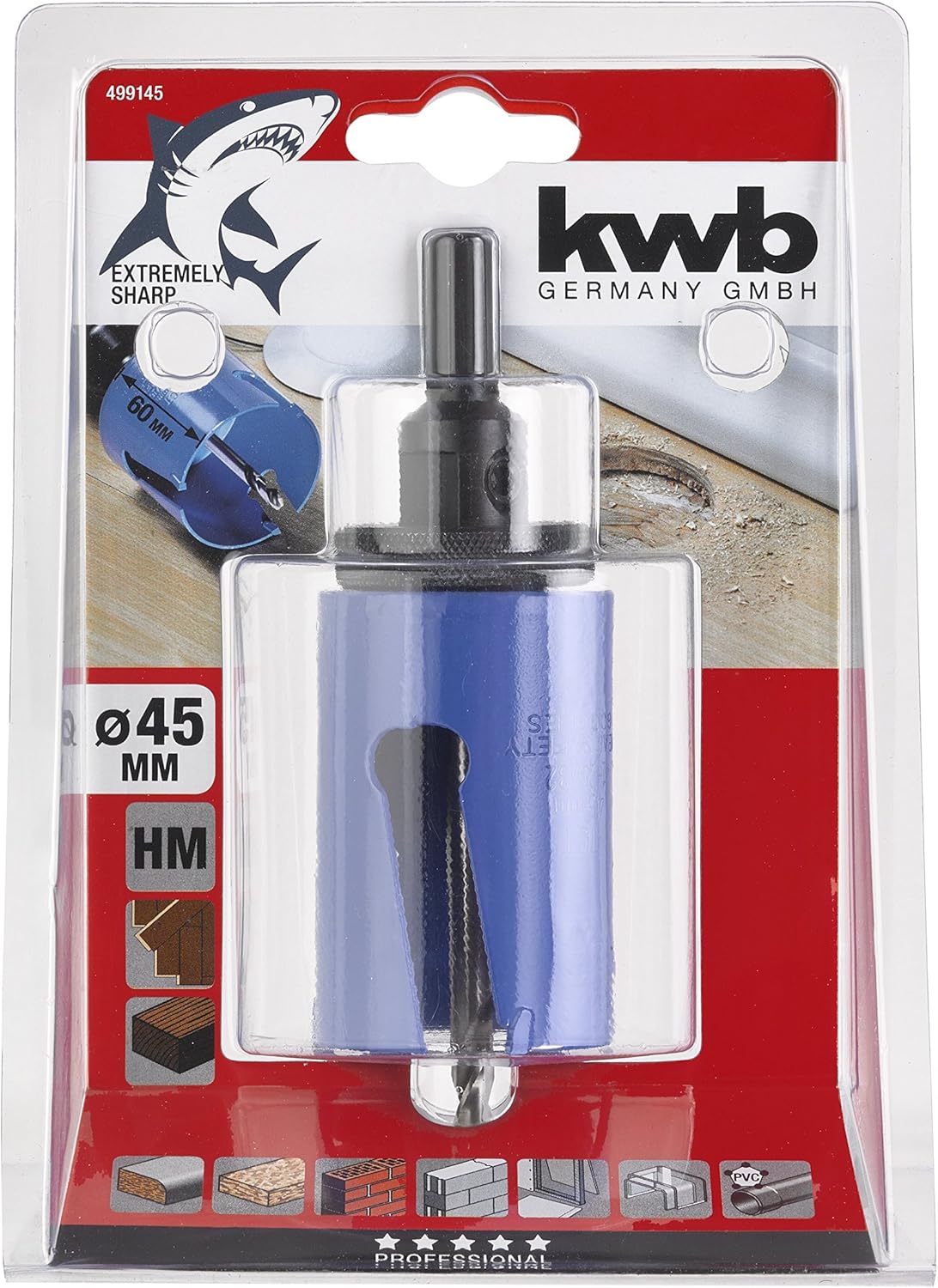 kwb Universal Hole Saw - 45 mm Diameter Size, Extra Sharp Carbide Teeth, 8 mm Center Drill, Blue, Black, Silver, 45mm - Image 4