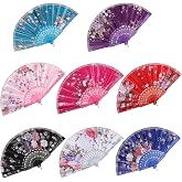 BABEYOND 8pcs Floral Folding Hand Fan Vintage Handheld Lace Folding Fan with Different Flower Patterns Fabric Folding Fan for Wedding Dancing Party (Color Random Selected with Chinese rose)