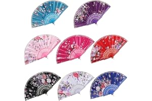 BABEYOND 8pcs Floral Folding Hand Fan Vintage Handheld Lace Folding Fan with Different Flower Patterns Fabric Folding Fan for Wedding Dancing Party (Color Random Selected with Chinese rose)
