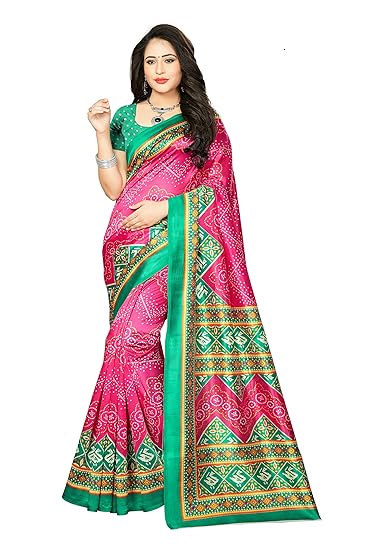 Womens Bandhani Art Silk Saree (Chunar-Pink)