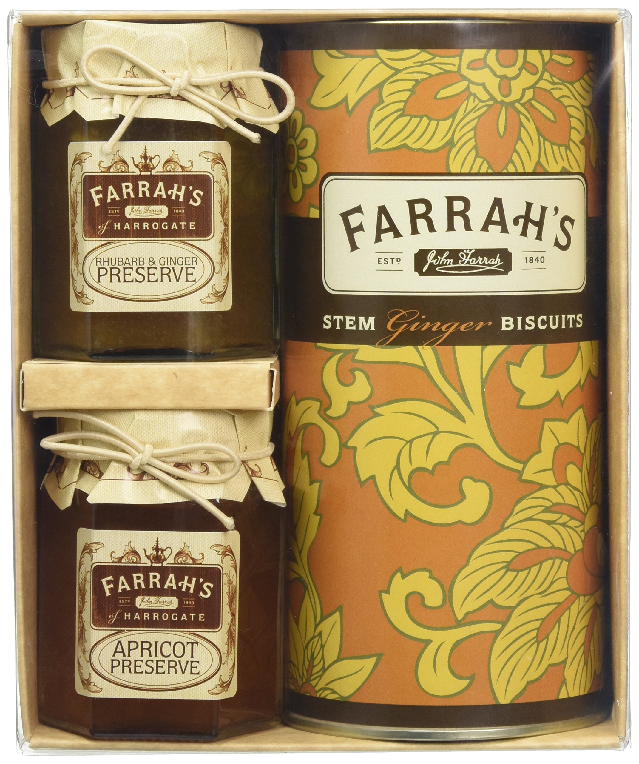 Farrah's of Harrogate | Ginger Trio Selection Gift Pack | Rhubarb and Ginger Preserve 110g, Apricot Preserve 114g and Stem Ginger Biscuits 160g