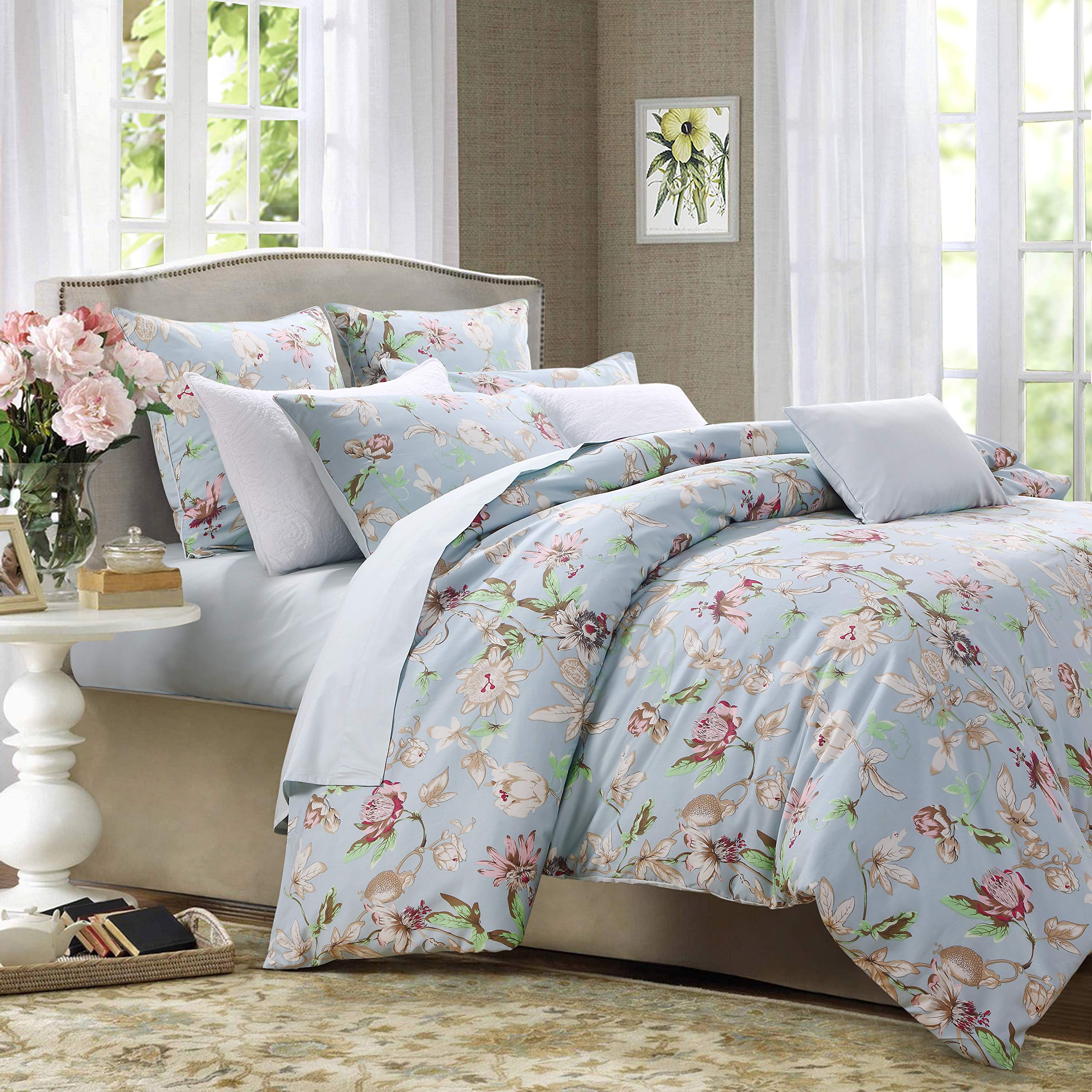USTIDE 3-Piece Rustic King Bedding Set Botanical Shabby Duvet Cover Set 800 Thread Cotton Duvet Cover Set
