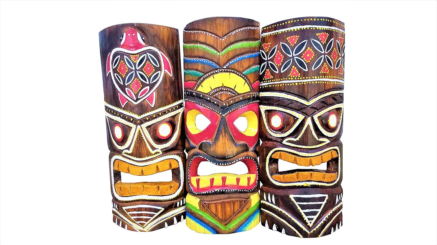 Set of (3) Vibrant Painted Surf Style Wooden Handcarved 12" Tall Tiki Masks Tropical Wall Decor!