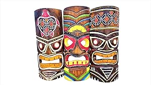 Set of (3) Vibrant Painted Surf Style Wooden Handcarved 12" Tall Tiki Masks Tropical Wall Decor!