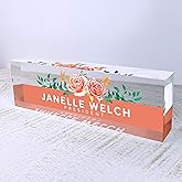 Artblox Office Desk Name Plate Personalized | Custom Name Plates for Desks | Orange Roses Design On Clear Acrylic Glass | Cute Office Desk Accessories Customized Gifts - (8" x 2.5").