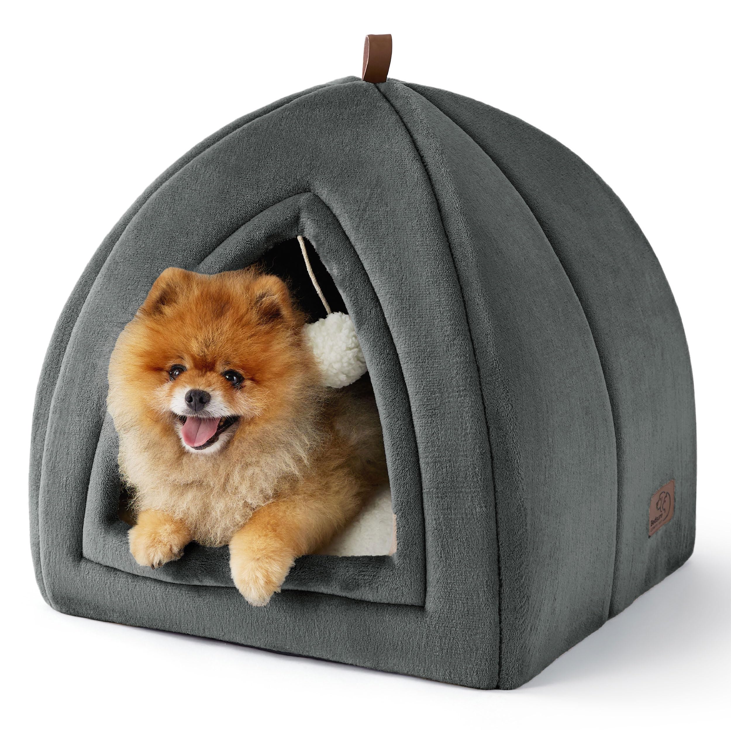 Bedsure Cat Cave Bed Indoor - Large Flannel Hooded Cat Igloo House, 44x44x44cm Enclosed Foldable Pet Bed with Removable Washable Cushion Pillow, Dark Grey