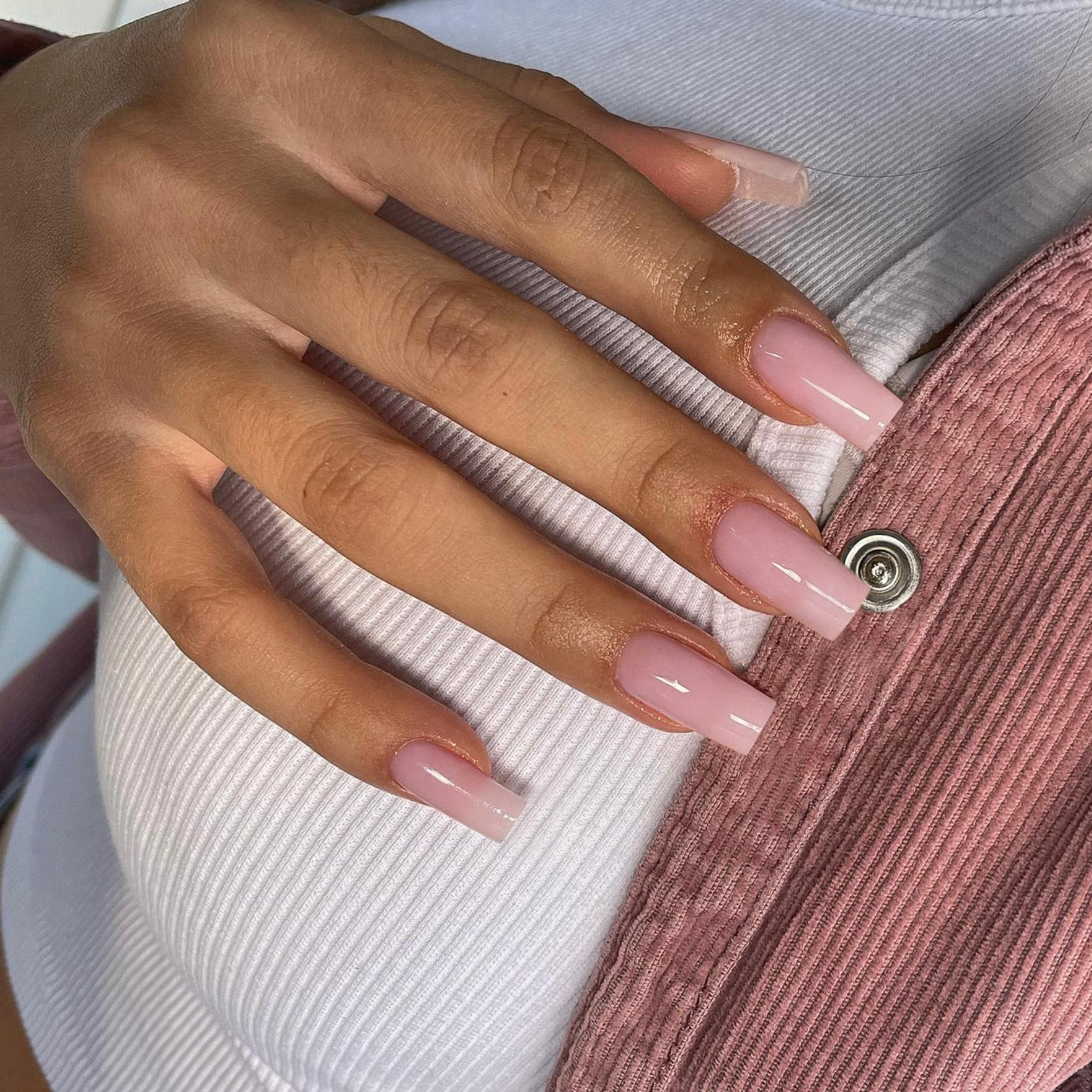 SXVME Light Pink Press on Nails Long Square, Pastel Pink False Nails Medium Coffin, Glossy Gel Fake Nails Press on, Sheer Gel Stick on Nail for Women, 24 Pcs