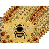 Table Mats Set of 6 for Dining Table, Farmhouse Bee Floral Linen Placemats 12 x 18 Inch, Washable Waterproof Stain Resistant Reusable Place Mats for Kitchen, Farmhouse Home Kitchen Decor