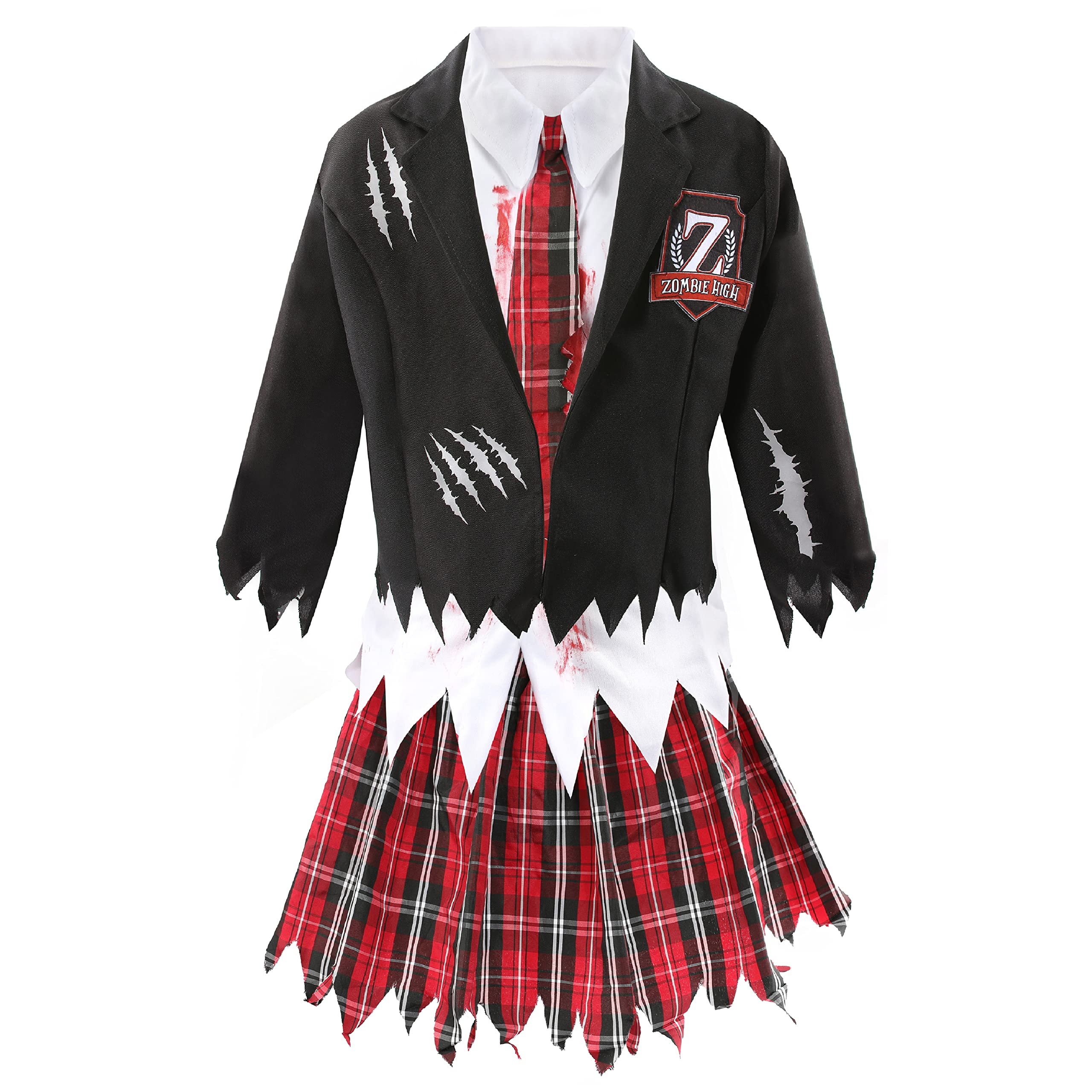Girls Halloween Zombie Schoolgirl Costume - Medium - Black and Tartan Bloodstained School Uniform with Tattered Edges - Kids Halloween Trick or Treat Fancy Dress Costume
