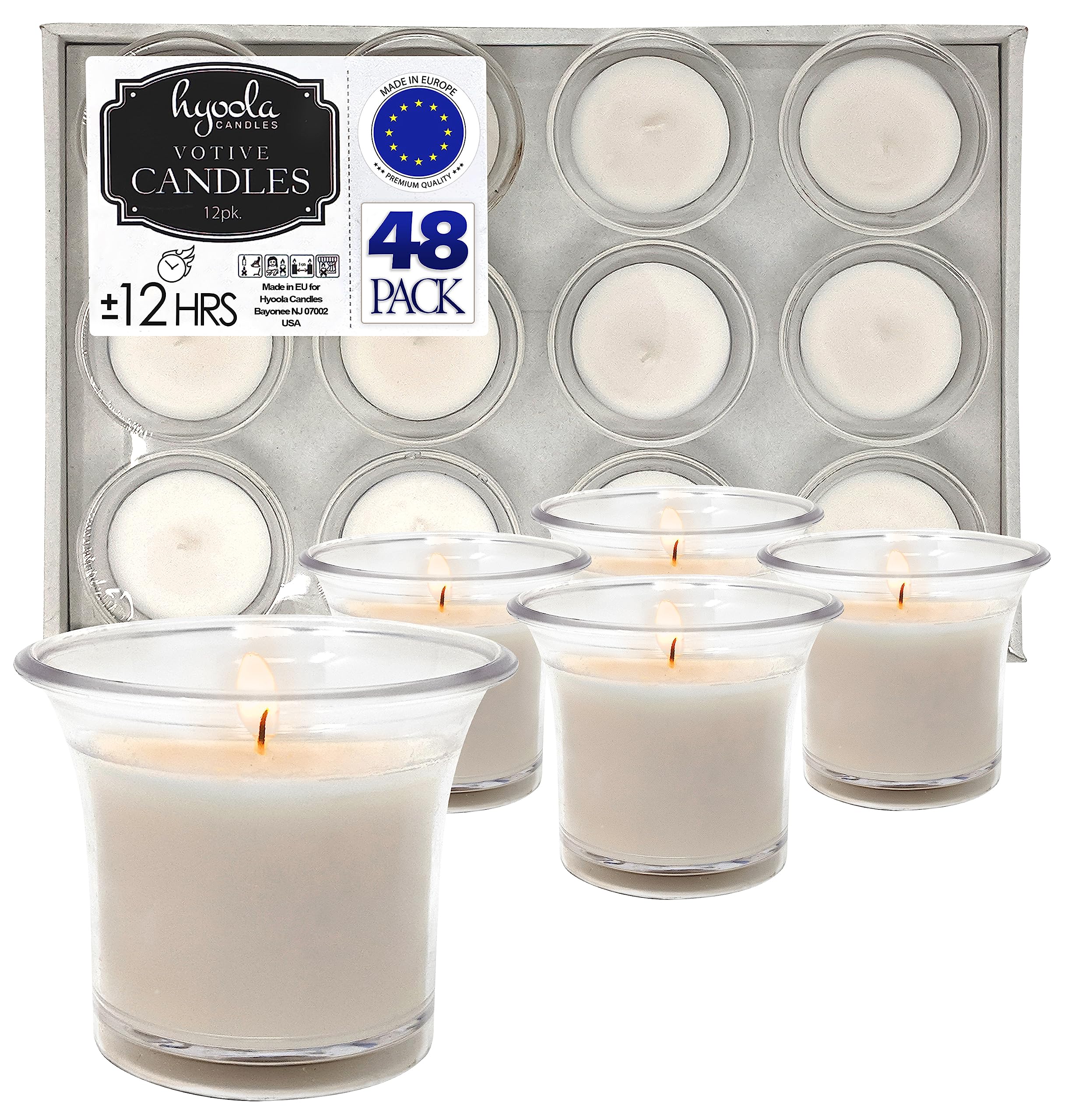 Hyoola Clear Cup Filled Votive Candles - 12 Hour Burn Time - Unscented White Candles Pack of 48 -Made in Europe