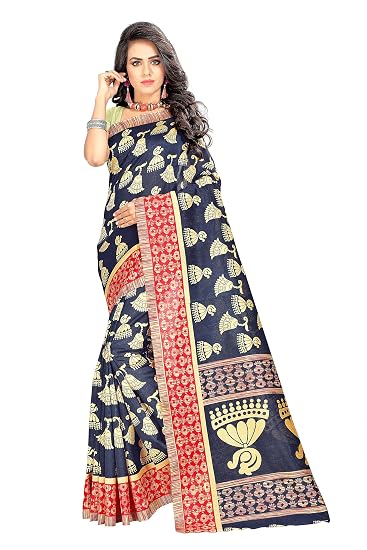 Womens Cotton Silk Saree With Unstitched Blouse (zarna15navyblue_Navy Blue & Red)